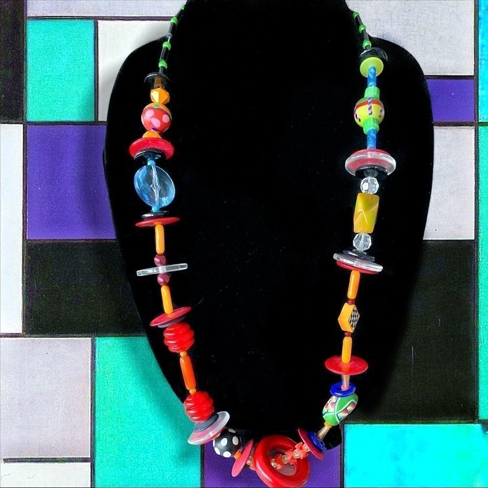 1980’s Karen Kojak plastic fimo primary colors 30” L necklace multiple patterns